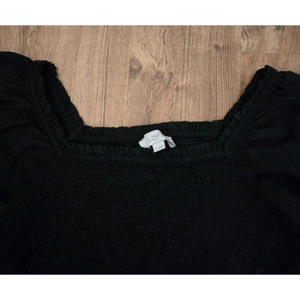 LOFT Womens Small Black Smocked Peplum Puff Sleeve Square Neck Blouse‎